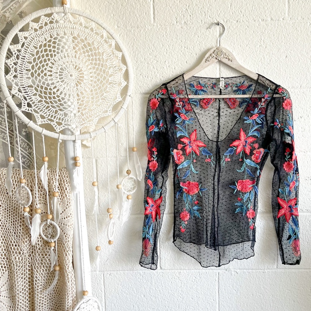 Free People Floral Embroidered Black Sheer Lace Top